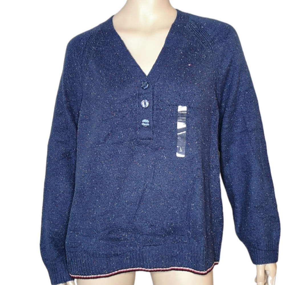 NWT Tommy Hilfiger Sweater Navy Stretch Knit Confetti V-Neck Nautical Large